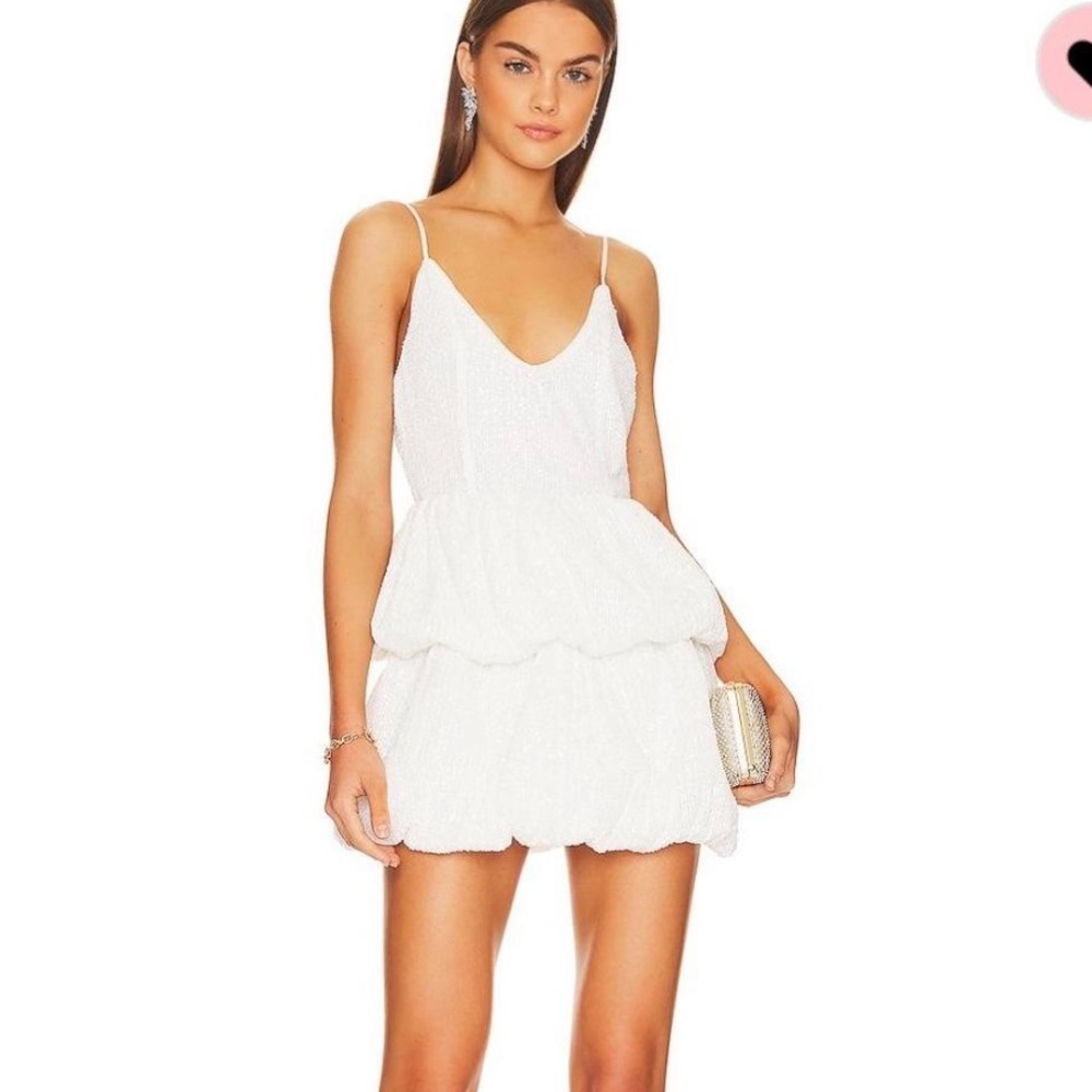 NWOT NBD Revolve mini ruffle dress in white sequin